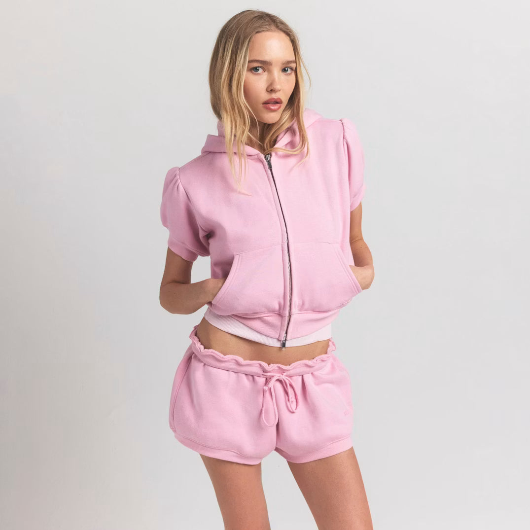 BUBBLE SLEEVE CROPPED ZIP UP